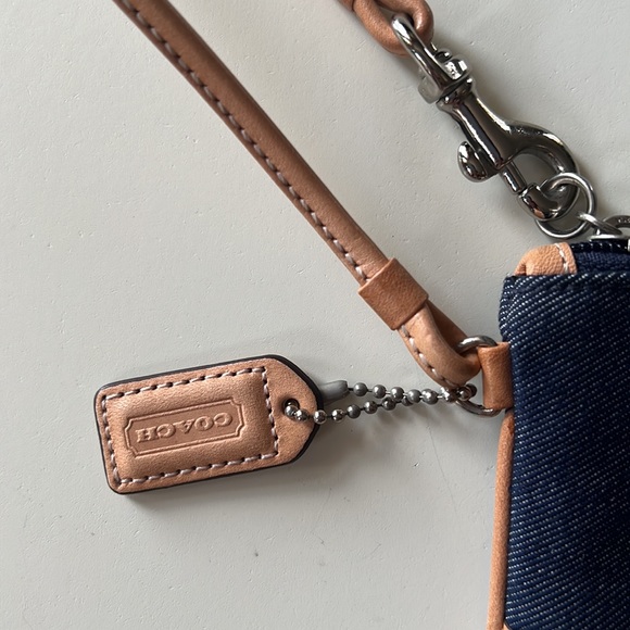 Coach Denim Blue Tan Leather Wristlet - Picture 2 of 8